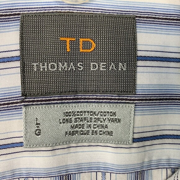 Thomas Dean Button Up Striped Dress Shirt Men Sz Large Flip Cuff Long Sleeve - Picture 6 of 10